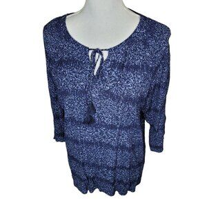 Christopher & Banks Blue Blouse‎ Womens XL Peasant Tie Lightweight Tassle